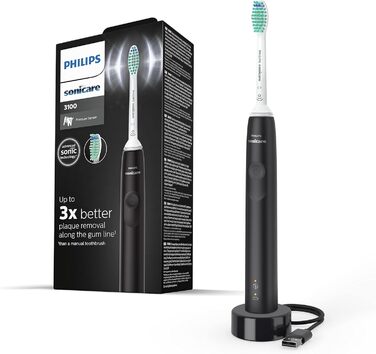 Електрична зубна щітка Philips Sonicare серії 3100 зі звуковою технологією, з датчиком тиску та індикатором заміни головки щітки, чорна (модель HX3671/14) одинарна