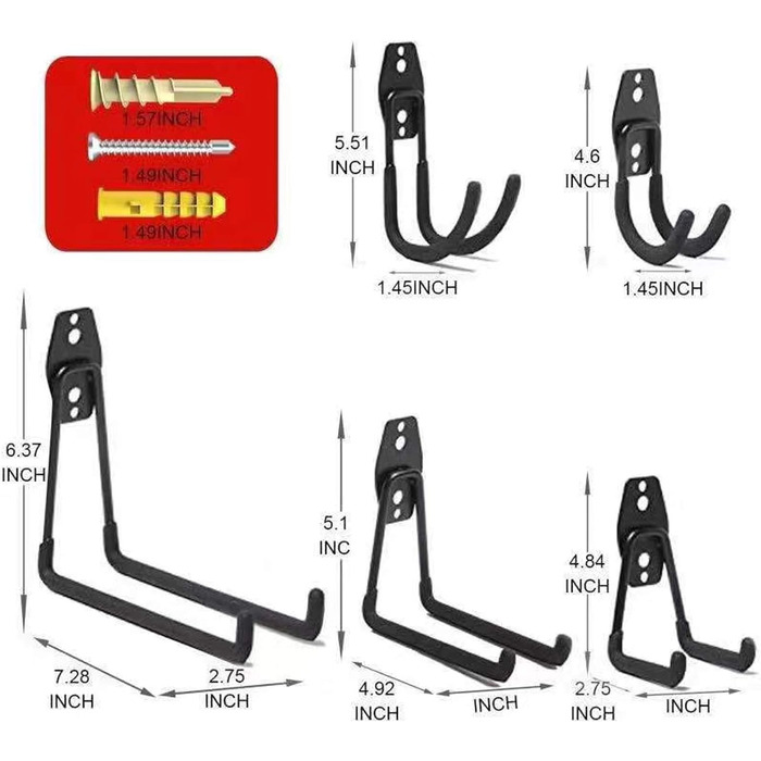 Гачки для гаража, міцні, сталеві гачки для зберігання в гаражі, вішалка для інструментів для гаража, настінне кріплення, гачки та вішалки з антиковзаючим покриттям для садових інструментів, драбини, 15 шт.