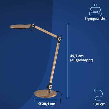 Світлодіодна настільна лампа KHG в золотому кольорі, затемнення з сенсорним вимикачем, 1-полум'я, зміна кольору CCT (білий спектр) 3,000-6,500 K, світлова потужність 480 лм, загальна потужність 10 Вт, для навчання та офісу