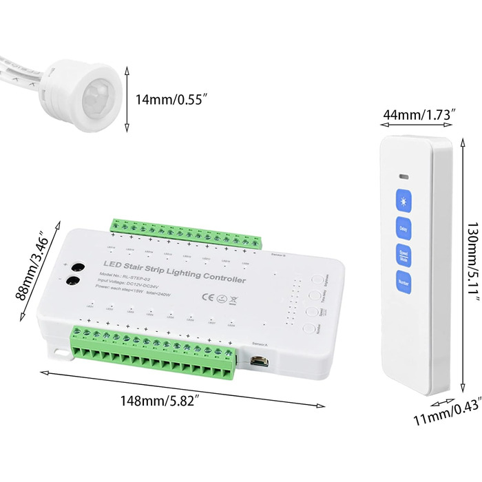 Контролер освітлення сходів з детектором руху, контролер світлодіодної стрічки від 12 В до 24 В, з функціями затримки яскравості, швидкості та часу (дев'ять моделей, до 16 світлодіодів, з дистанційним керуванням)