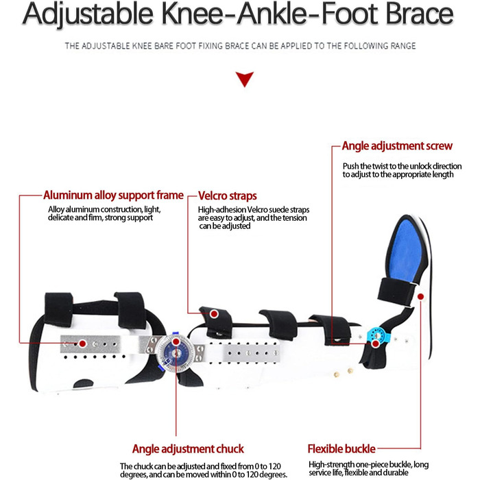 Регульований колінно-гомілковостопний ортез, фіксований жорсткий стегновий колінний суглоб гомілковостопний бандаж та іммобілізатор гомілковостопного суглоба, для артриту, травм суглобів та ортопедичної реабілітації Біла ліва нога