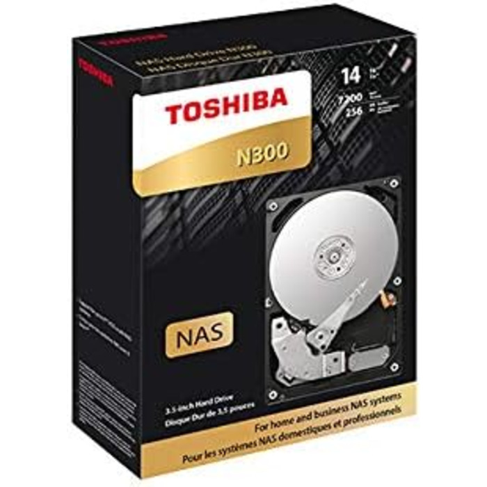 Внутрішній жорсткий диск Toshiba 14TB N300 NAS 3.5' SATA. Робота 24/7, підтримка систем з 1-8 відсіками, кеш-пам'ять 256 МБ, робоче навантаження 180 ТБ/рік, гарантія 3 роки (HDWG21EUZSVA).