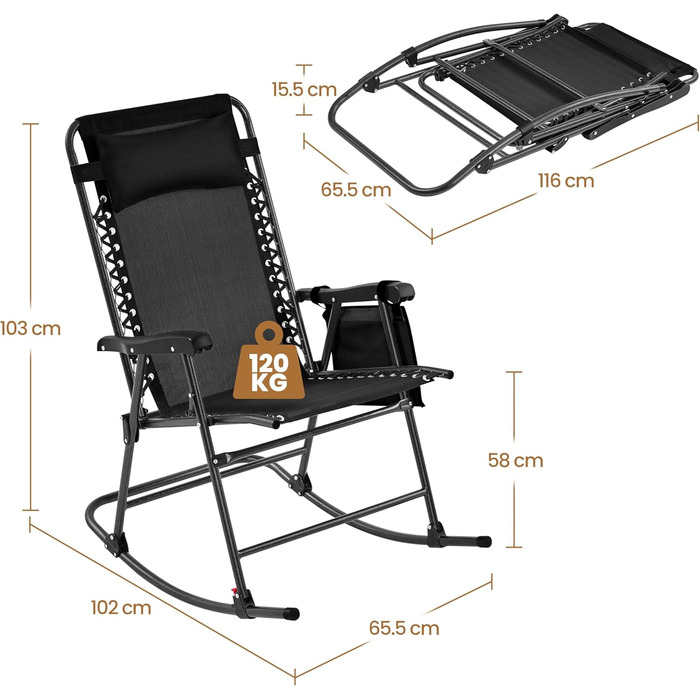 Крісло-гойдалка Yaheetech Складане садове крісло зі знімною подушкою для голови Складаний вуличний стілець до 120 кг для використання на відкритому повітрі, чорний