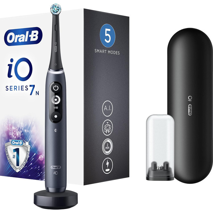 Електрична зубна щітка Oral-B iO Series 7n зі штучним інтелектом, перезаряджається, 1 базовий блок, 1 насадка для щітки та 1 дорожній футляр, чорний