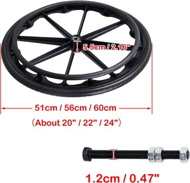 Запасний комплект для задніх коліс інвалідного візка, 2 шт. и, 20 дюймів, 22 дюйми, 24 дюйми, колесо для інвалідного візка, суцільнолите колесо для інвалідного візка з твердого поліуретану, з підшипниками, ручкою та різьбовим валом (розмір 20 дюймів (51 с