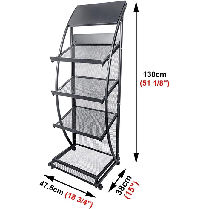 Чорний підлоговий стелаж для журналів, 4-х ярусний стелаж для журналів, портативна підставка для літератури для банківського фойє/комерційної виставки/залу/бібліотеки