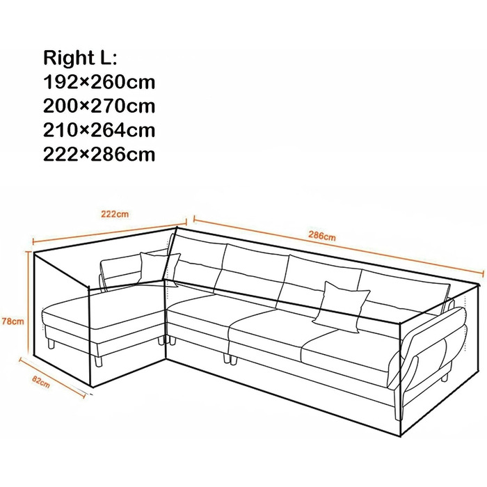 Захисний чохол для кутового дивана, чохол для садових меблів L-подібна водонепроникність, захист від ультрафіолету, захист від вітру Відкритий чохол на диван з ротанга Захисний чохол для садового дивана (розмір 200x270см)