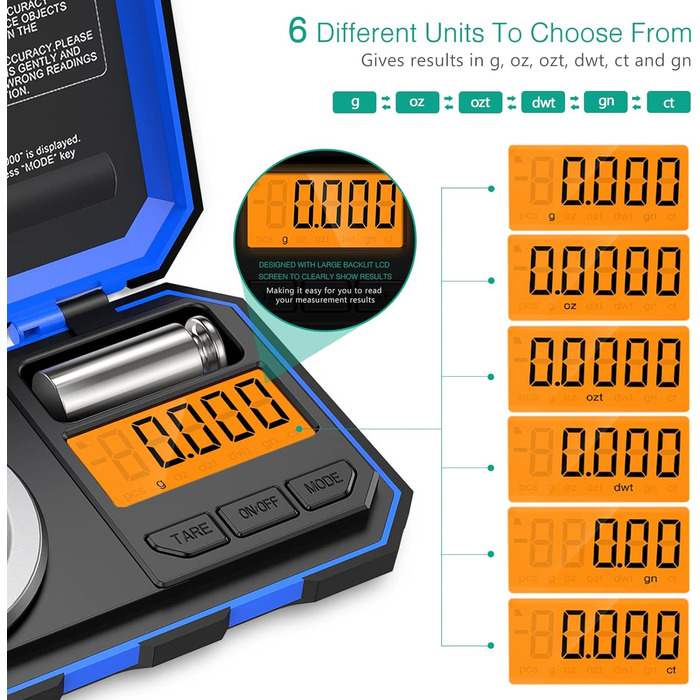 Цифрові прецизійні ваги ORIA, міліграмові ваги 50 г/0,001 г, міні-кишенькові ваги з калібрувальними вагами та пінцетом 50 г, функція тари, 6 одиниць ваги, для кухні, експериментів, ювелірних виробів (синій)