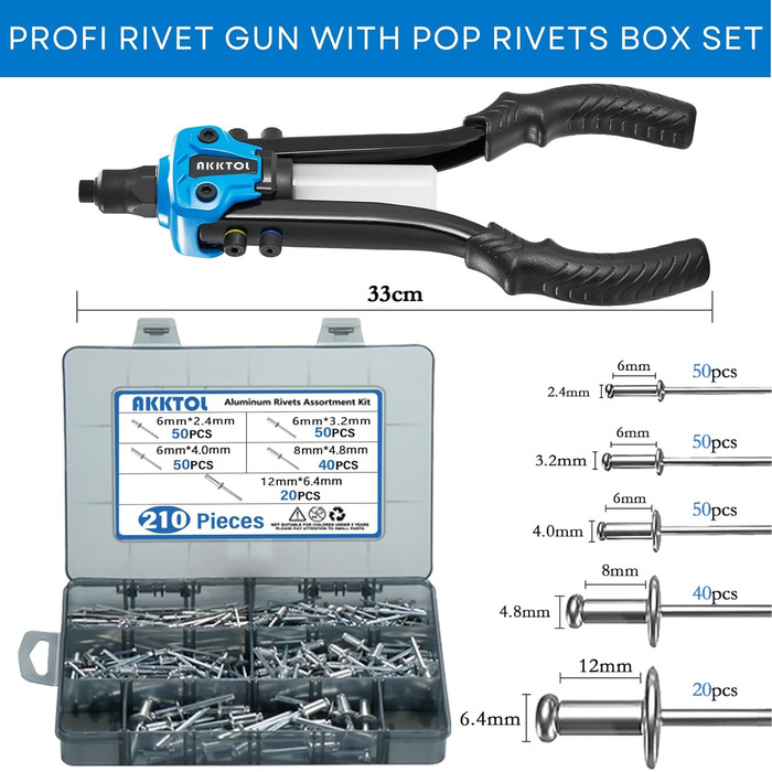 Плоскогубці для заклепок AKKTOL Набір плоскогубців для заклепок, включаючи 210 заклепок Глухі плоскогубці для глухих заклепок 6,4-2,4 мм Плоскогубці для заклепок Набір професійних ручних кліщів, придатних для заклепок з нержавіючої сталі, сталі та ALU Важ