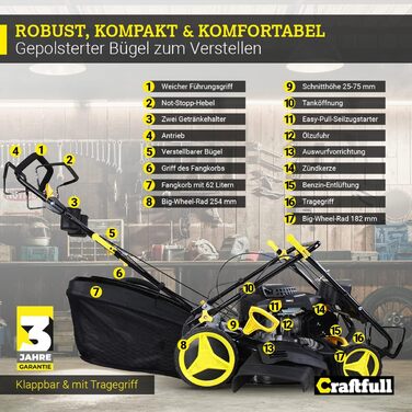 Бензинова газонокосарка Craftfull Premium CR-196-10 Євро 5 4,4 кВт - двигун OHV 196 куб.см - самохідна з плавною коробкою передач GT - ширина зрізу 53 см за 8 ступенів (CR-196-10 4,4 кВт 6 Ps 196 куб.см двигун жовтий)