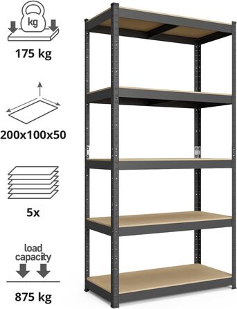 Металева полиця Гнучка сталева полиця для складу та підвалу. Міцна полиця без болтів з регульованими полицями. Полиця вантажна 750кг 5 полиць МДФ антрацит, 200х100х50см 200х100х50 антрацит