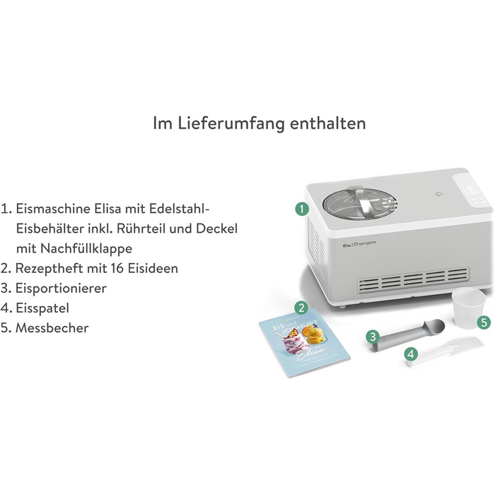 Морожениця та йогуртниця SPRINGLANE Elisa 2.0 л з самоохолоджуючим компресором 220 Вт, машина для морозива з нержавіючої сталі з функцією охолодження та нагрівання, в т.ч. буклет з рецептами Elisa Silver