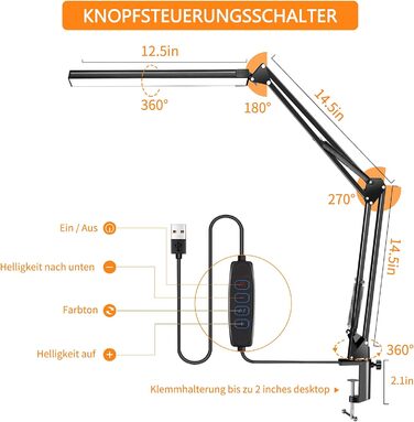 Настільна лампа світлодіодна затискна з регулюванням яскравості, архітектурна лампа з поворотним кронштейном 12 Вт, офісна настільна лампа з 3 колірними температурами та 10 рівнями яскравості 3000K-6000K