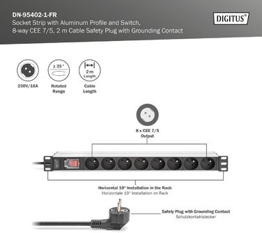 Подовжувач живлення DIGITUS 19 - - 1U - 250 В змінного струму - 50/60 Гц - 16 А - 4000 Вт (8 кранів, перемикач, версія FR)