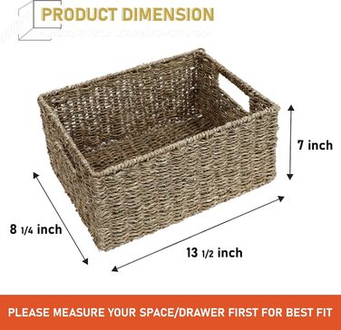 Кошики з морської трави з інтегрованими ручками для зберігання, прямокутний плетений кошик середнього розміру для спальні, вітальні, ванної кімнати, полиці - 2 пачки морська трава водяний гіацинт дерево M