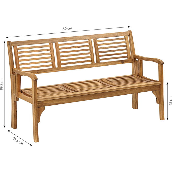 Складна лава Dehner Douglas, 3-місна садова лава, 150 x 62 x 90 см, сертифікована FSC деревина акації, промаслена, натуральна класика