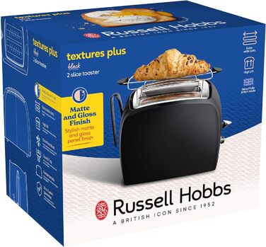 Тостер Russell Hobbs на 2 скибочки Текстури (надзвичайно широкі отвори для тостів, включаючи насадку для булочок і вбудовані щипці для тостів, 6 рівнів підрум'янювання функція розморожування та підігріву, 850 Вт) 22601-56