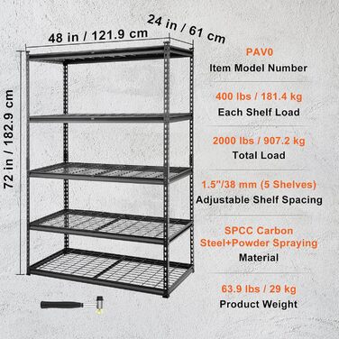 Стелаж для зберігання VEVOR, 5-рівневий, регульований, місткість 907 кг, міцна полиця для гаража, металевий органайзер, дротяна полиця, чорний, 121,9 см Д x 61 см Ш x 182,9 см В для кухні, комори, підвалу, ванної кімнати