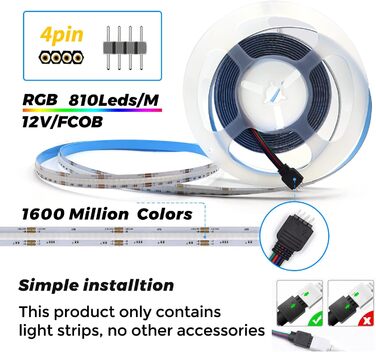 Світлодіодна стрічка Arote Light COB RGB 2m 12V COB з можливістю затемнення, світлодіодна стрічка COB світлодіодна стрічка Струнні світильники високої щільності 810 світлодіодів/м IP20 для спальні, кухні, домашнього інтер'єру (5 м 12 В (лише стрічка, без 