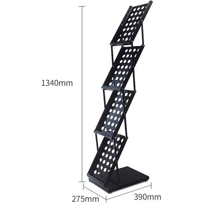 Підлоговий стелаж для журнальних брошур, 4-х ярусний газетний стенд, інформаційний стенд, презентаційний стенд, стелаж для зберігання офісних газет, металевий, чорний стелаж для презентації газет