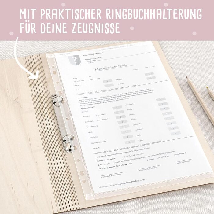 Іменна папка табеля успішності з березового дерева - Індивідуальний подарунок для зарахування до школи з ім'ям - DIN A4 - Табель успішності кільцева книга дівчаток і хлопчиків - hellomini (квітковий вінок)