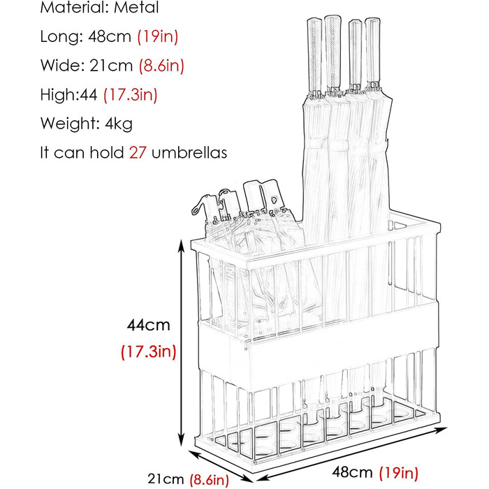 Підставка для парасольок Cuiynic, металевий тримач для парасольок, внутрішня вхідна зона, передпокій, підставка для кошика парасольок для зберігання палиць для ходьби, сучасний прямокутний органайзер полиця/чорний/36 x 18 x 44 см D 48*21*44 см