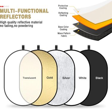 Відбивач світла 5 в 1 Фоторефлектор 60x90см Овальний розсіювач для фотографії Складаний рефлектор для портретної фотографії Селфі Весільна фотографія Зовнішнє освітлення 60x90см Напівпрозорий/Сріблястий/Золотий/Білий/Чорний