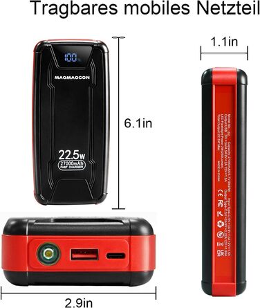 МАг, 22,5 Вт PD 3.0 QC 4.0 Швидка зарядка Power Bank USB C Вхід і вихід Зовнішній акумулятор мобільного телефону з ліхтариком Світлодіодний дисплей для планшетів смартфонів Більше, 27 000