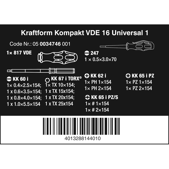 Тримач біт VDE з ізоляцією та змінним набором лез, 16 предметів, Kraftform Compact VDE 16 Universal 1