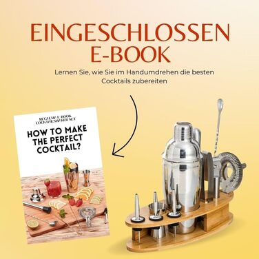 Набір шейкерів для коктейлів Recalma з підставкою, набір шейкерів для коктейлів з нержавіючої сталі, набір для бармена з 12 предметів з книгою рецептів, подарунковий набір для коктейлів, барні аксесуари для коктейлів, барний інструмент в домашньому стилі