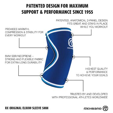 Тренування з обтяженнями для ліктьового бандажа Rehband Rx, 5 мм неопренова подушечка для ліктя, стабілізована м'язи та суглоб, підтримуюча пов'язка для руки, колір синій - 1 пара, розмір m m синій - 1 пара