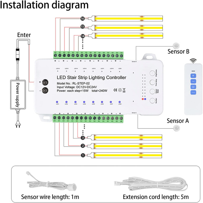 Контролер освітлення сходів з детектором руху, контролер світлодіодної стрічки від 12 В до 24 В, з функціями затримки яскравості, швидкості та часу (дев'ять моделей, до 16 світлодіодів, з дистанційним керуванням)