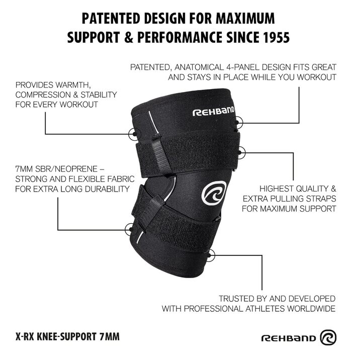 Наколінник Rehband X-RX, ука, колінний бандаж 7 мм неопрен, підтримка коліна для важкої атлетики, колір чорний, розмір XL XL Black