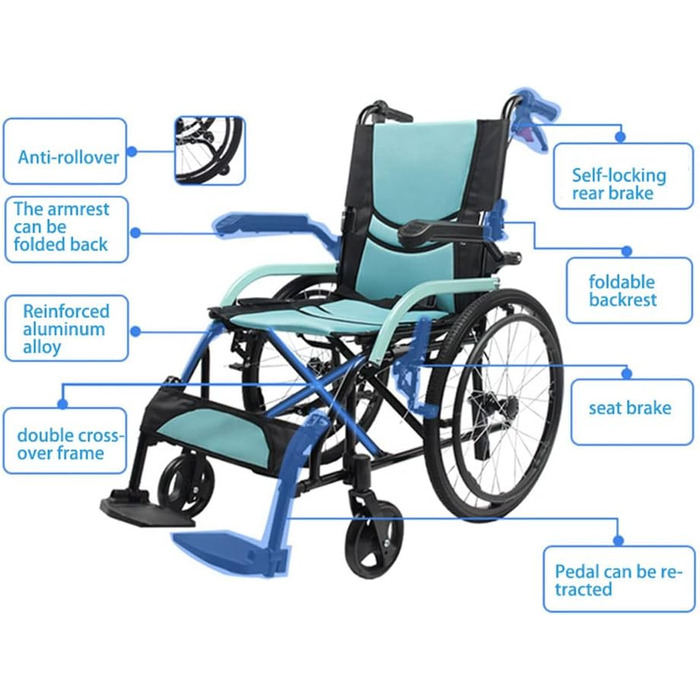 Пневматичні складні підлокітники Спинка самохідна, алюмінієва подвійна гальмівна система Ручний візок Безпечне маленьке колесо