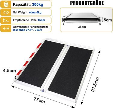 См 300 кг Пороговий пандус з нековзною поверхнею, портативний алюмінієвий пандус для інвалідного візка, пандуси для інвалідних візків 91,5 см (корисна висота 9-22,5 см), 91,5