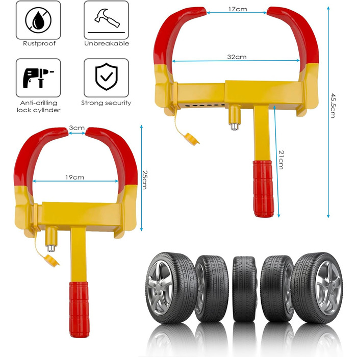 Іммобілайзер кігтів для кігтів коліс Mesybveo, замок колеса проти крадіжки паркувального кігтя з 2 ключами, універсальний замок колеса з регулюванням на 9 отворів і замком безпеки, для автомобіля, мотоцикла
