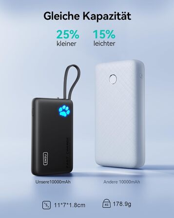 Міні-розмір 20W 10000mAh PowerBank із вбудованим кабелем USB-C, PD3.0 QC4.0 USB C In&Out, невеликі, але міцні зовнішні акумулятори для мобільних телефонів для iPhone 16 15 14 13 12 Pro Max Mini Samsung S23 iPad