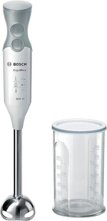 Ручний блендер Bosch ErgoMixx MSM66110, ніжка блендера з нержавіючої сталі, чашка для змішування та вимірювання, 2 режими швидкості, легкий корпус, 4-лезовий ніж, легке очищення, 600 Вт, білий/сірий