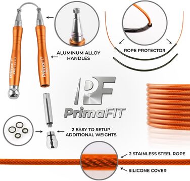 Скакалка PrimaFIT для дорослих Fitness Pro Швидкісна скакалка 3 м регульована з обтяженнями, 2 кульковими підшипниками та протиковзкими ручками, професійні стрибки для боксу, ММА, кросфіту, додаткова сталева мотузка, сумка (помаранчева)