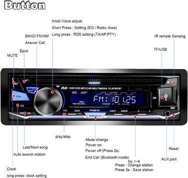 Автомобільна стереосистема Alondy з програвачем CD/DVD Bluetooth USB, CD-тюнер 1Din з радіо RDS FM AM MP3 SD AUX DVD-1 Din