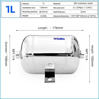 Міні-невеликий портативний повітряний бак високого тиску з нержавіючої сталі Резервуар для зберігання води з повітряним резервуаром (0,8 л-SG) (1 л-SG), 304