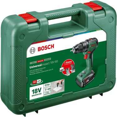 Акумуляторний ударний дриль Bosch UniversalImpact 18V-60 (свердління та загвинчування в деревині та металі або ударне свердління в цегляній кладці 42 свердла акумулятор 2,0 Ач система 18 вольт кейс) - Storeo Edition Green Premium Set 1 акумулятор