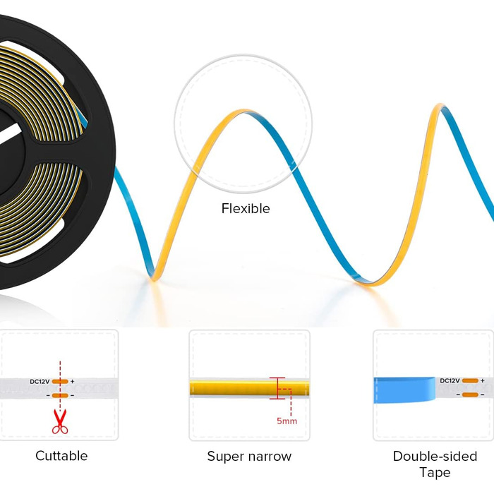 Світлодіодна стрічка FCOB COB гнучка тепла біла високої щільності 3000K 480 світлодіодів/м 7 Вт/м 16,4 FT/5 М DC12V шириною 5 мм Світлодіодне світло з можливістю затемнення CRI90 Рівномірна яскравість для прикраси своїми руками (не контент, джерело живлен