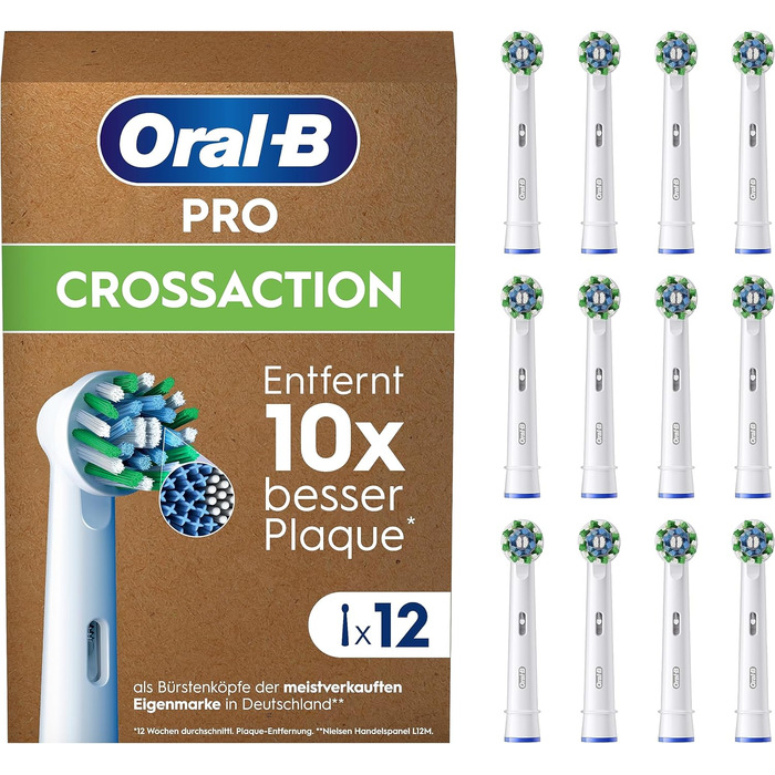 Щітки Oral-B Pro CrossAction для електричної зубної щітки, 12 шт. , чудове чищення зубів, X-щетина, оригінальна насадка для зубної щітки Oral-B, упаковка, готова до поштової скриньки, Зроблено в Німеччині 12 шт. (1 упаковка) Білий