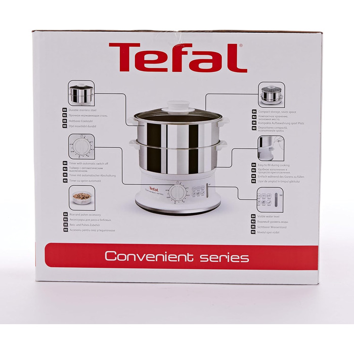 Відпарювач Tefal VC1451 2 контейнери з нержавіючої сталі Ємність 6 л Діаметр 24 см Таймер і автоматичне відключення 900 Вт Біла ЗРУЧНА СЕРІЯ