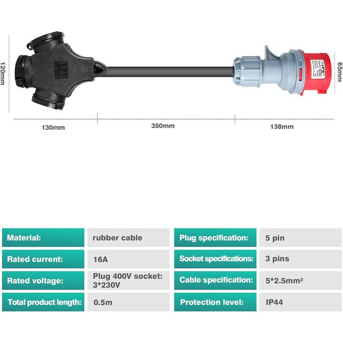Адаптер CEE 16A 400 В чоловічий штекер до 3x230 В штекер CEE до Schuko з кабелем живлення 5 * 2,5 мм Розгалужувач сильного струму IP44 для перетворення зарядки караванної яхти, промислового перетворення енергії.