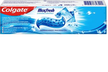 Зубна паста Colgate Max Fresh Cooling Crystals 12x75 мл ефективне чищення зубів для тривалої свіжості та чистого відчуття в роті зберігає зуби білими та бореться з карієсом 75 мл (12 упаковок)