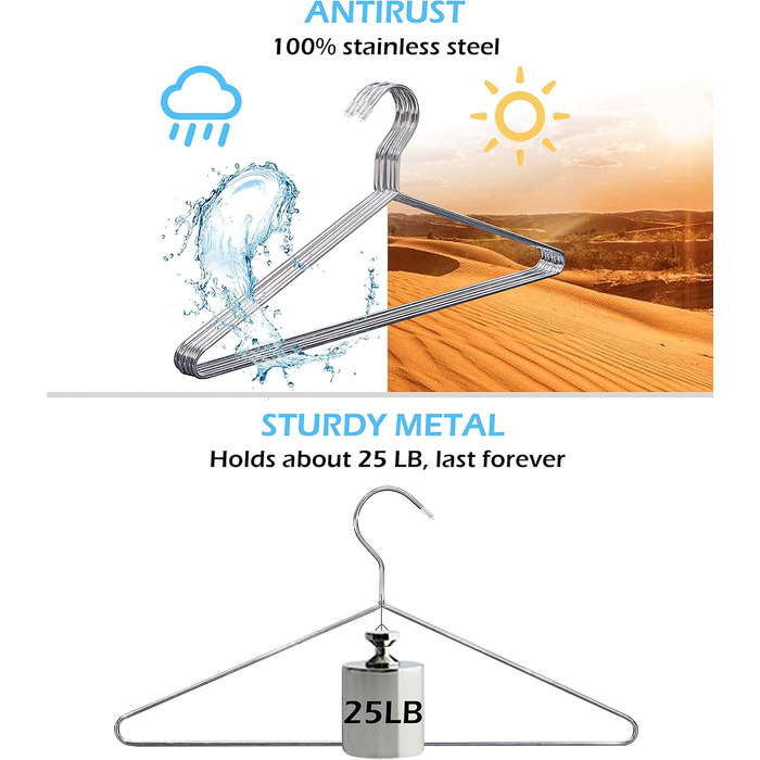 Металева вішалка для костюма товщиною 0,4 см Вішалка для куртки з нековзною поверхнею Важка вішалка з нержавіючої сталі для гардеробної пальто, одягу, сорочки, 41,6 см, 20 шт.