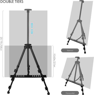 Мольберт Artify 66 дюймів, регульований студійний мольберт 22-66 дюймів (55-167 см), мольберт для художника, польовий мольберт з металевого матеріалу, штативний мольберт для художнього розпису та реклами, 1PACK, чорний 66''B