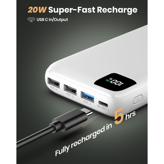 Зовнішній акумулятор Power Bank 27000mAh - Portable Charger Bilivein Powerbank 22.5W Fast Charging Portable Charger, PD USB C Input & Output with LED Display for iPhone 16/15/14/13/12 Pro/Pro Max Series Tablet (white)